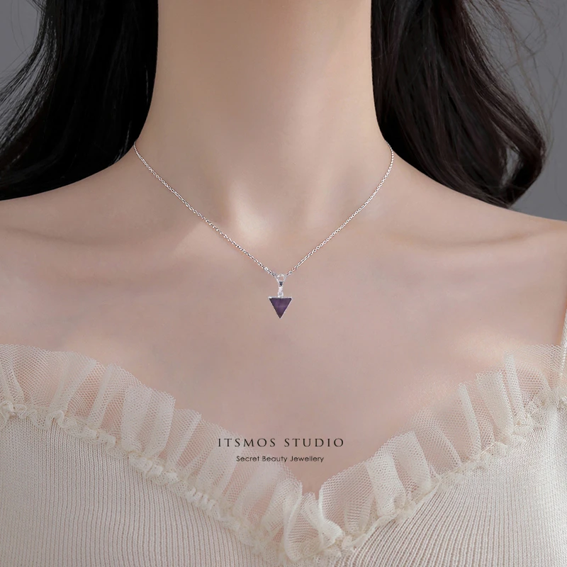 

ITSMOS Natural Triangular Amethyst Pendant Necklace 925 Silver Purple Light Gemstone Necklace for Women Mystery Jewelry