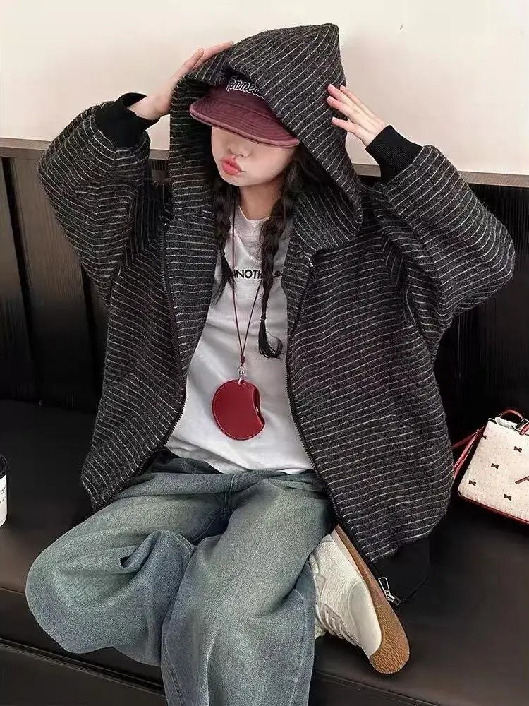 

Ретро-кардиган на молнии в американском стиле, повседневная свободная толстовка из полиэстера, мужская и женская, в полоску, плотная, для активного отдыха