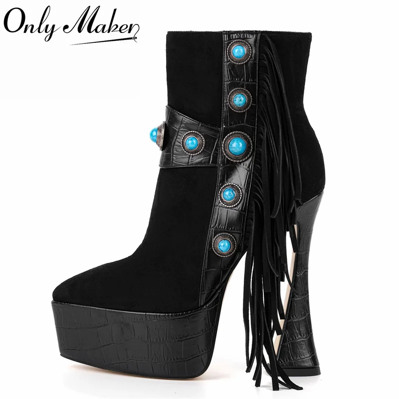 

Onlymaker Women Pointed Toe Fringe Rivet Metal Thin Heel Side Zipper Fashion Ankle Boots