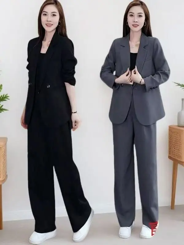 

Костюм для полных женщин: свободные брюки с широкими штанинами, комплект из двух предметов, корейский стиль, повседневный, для работы, весна-осень