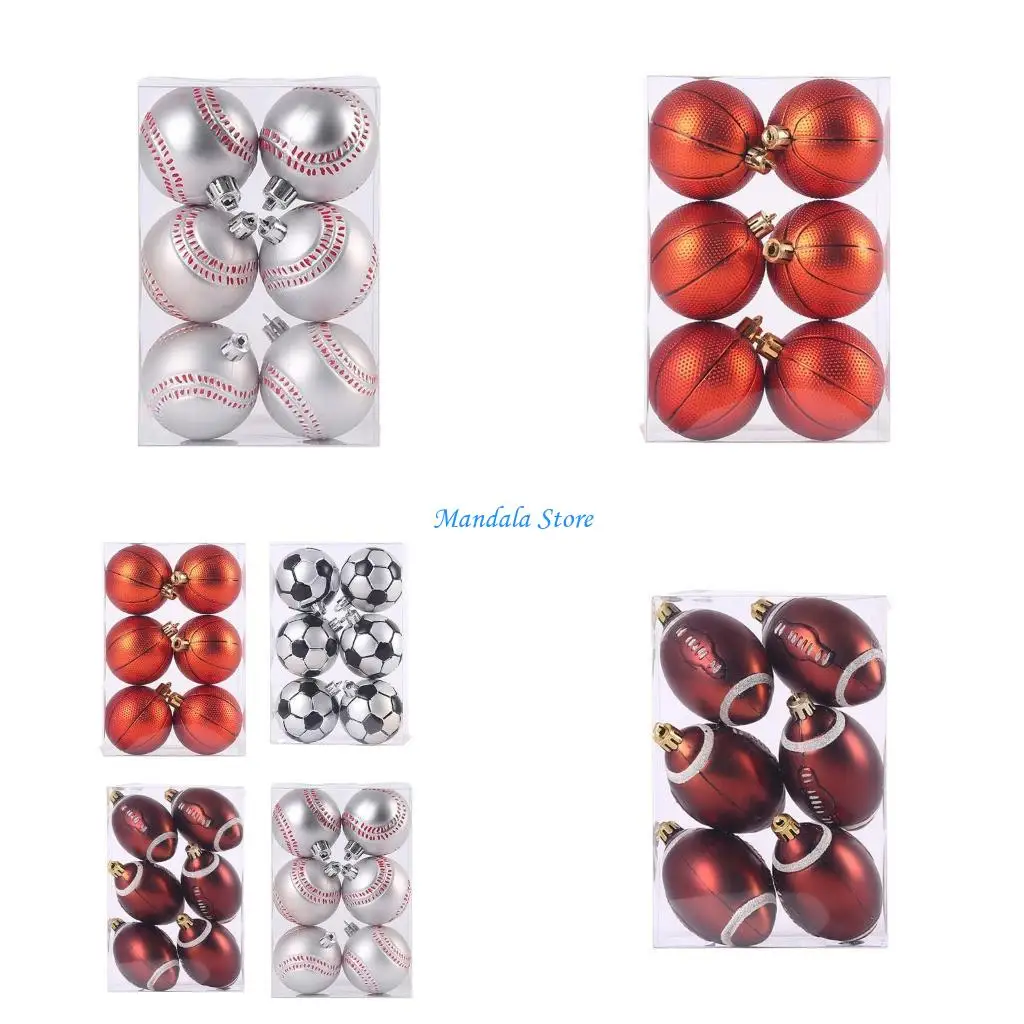 

U2JC 6 Pcs/Box 6cm Christmas Sports Ball Ornaments Xmas Tree Decorations Hanging Pendant for Holiday Wedding Party Decor