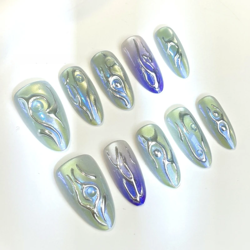 

24PCS False Nails Gilt Silver Purple Laser Y2K Hot Girl Style Press on Nails Technological Millennium European American Manicure