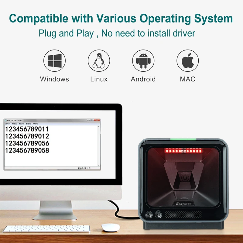 2D Handsfree Barcode Scanner QR Omnidirectional Desktop Scanner, USB Wired  Big Scan Window Barcode Reader