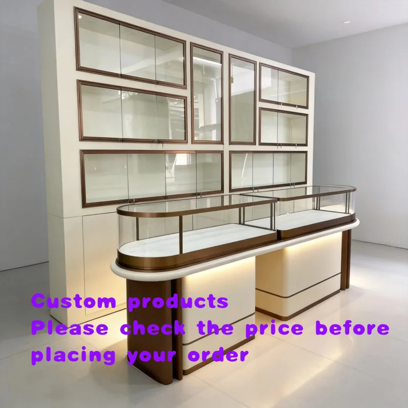 custom.Modern Luxury Stainless Steel Eco-Friendly Customizable Jewelry Display Counter Set Wall Showcase LED Glass Cabinet