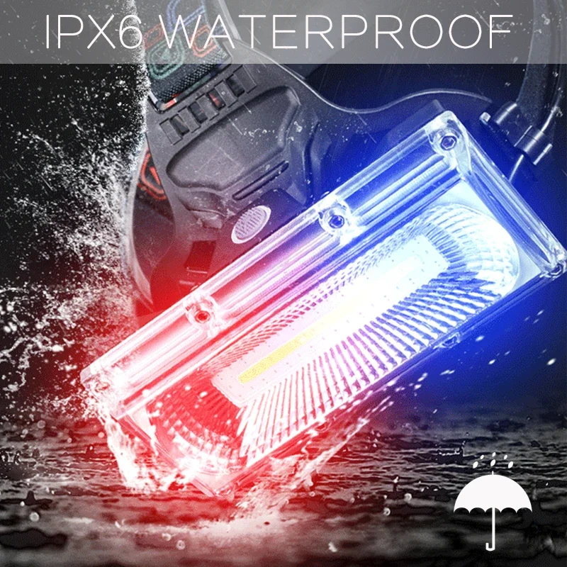 High Power COB Headlamp USB Rechargeable Headlight 500M Long Range Head Front Light Waterproof Head Flashlight with Tail Warning