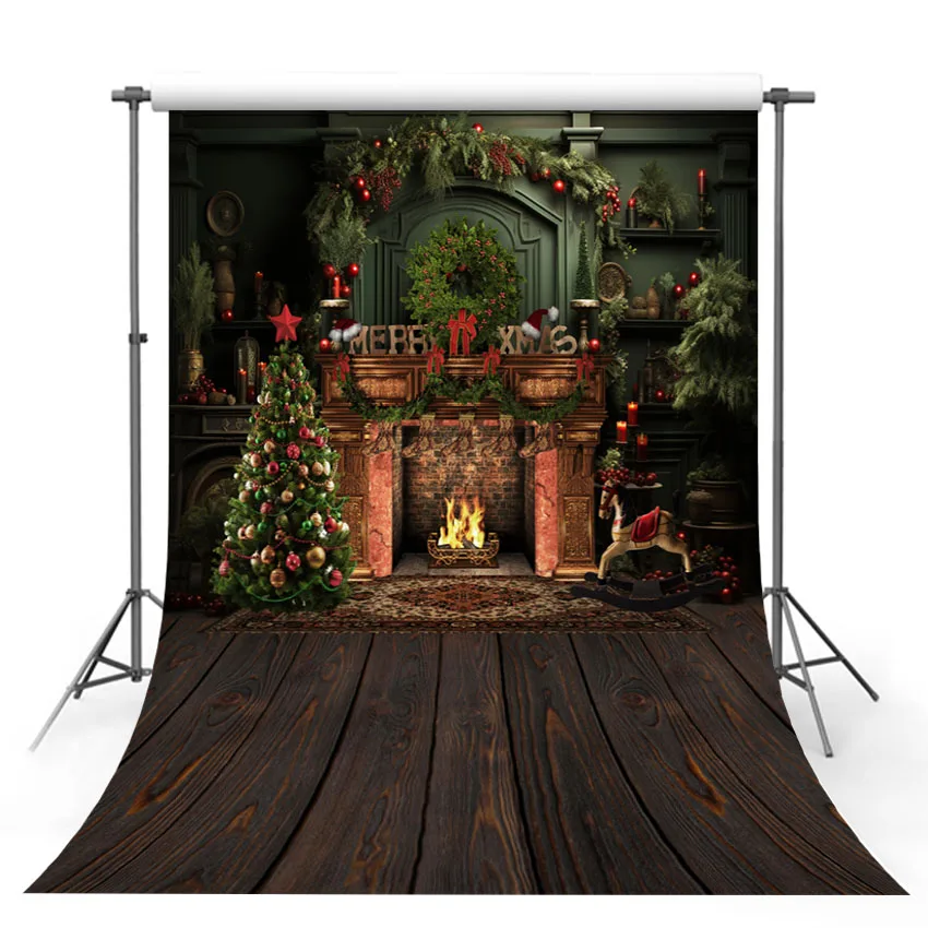 

Mehofond Photography Background Vintage Indoor Green Christmas Fireplace Xmas Kids Family Portrait Decor Photo Backdrop Studio