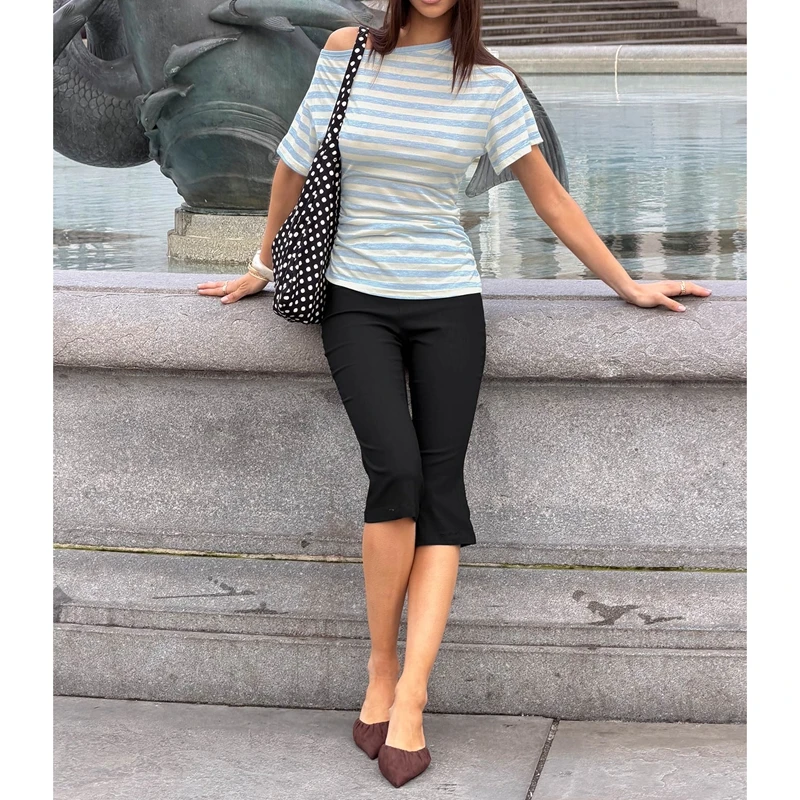 Women's Summer Striped Tops Short Sleeve Asymmetrical Neckline Casual Slim Fit Blouse Off One Shoulder Y2k Tee Shirts