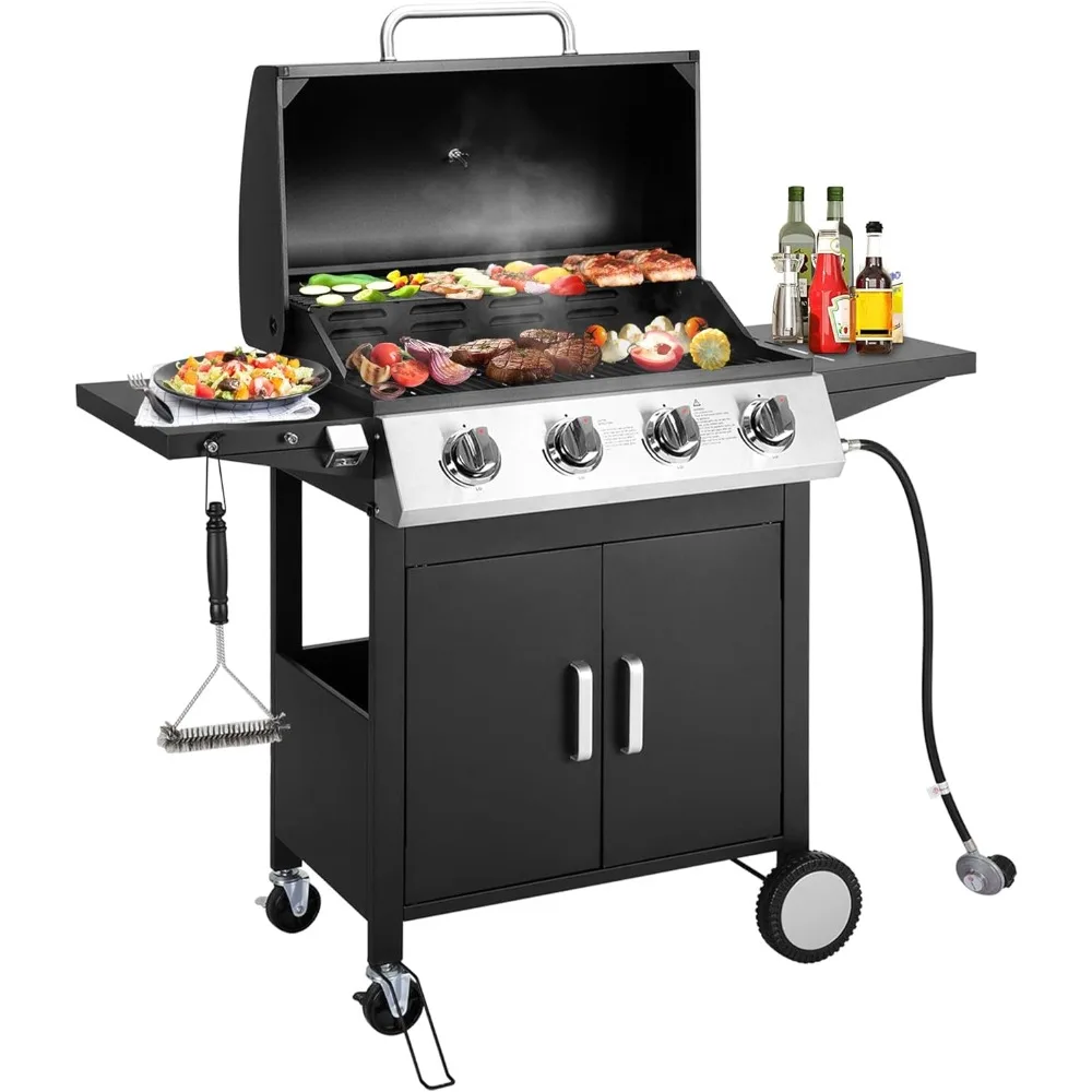 BBQ Grill 4-Burner Propane Gas, Barbecue Grill with Side Shelves & Grill Brush & Hooks & Stainless Steel Outdoor