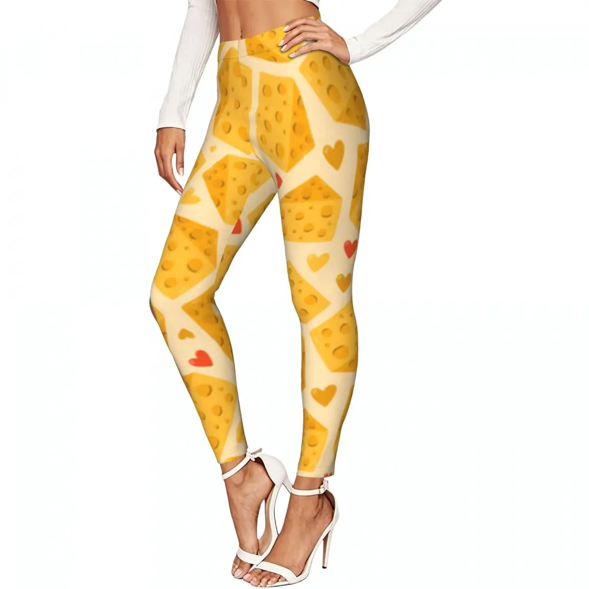Cute Cheese And Hearts Women Leggings High Waisted Stretch Tights Workout Running Pants