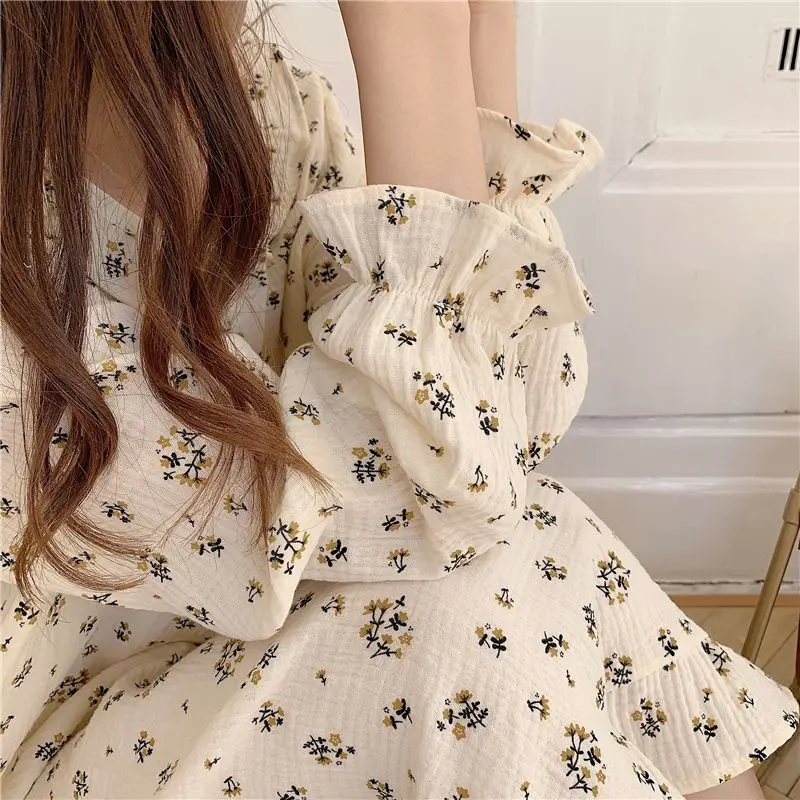 Floral Women Nightgown Korean Sleepwear Button Nightwear Solid One Piece Pajamas Ruffles Autumn Sleeping O-neck Night Dress New