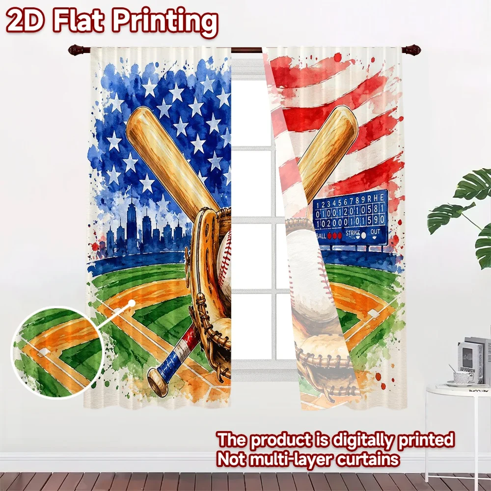 2D FLAT PRINTING 2pcs Curtains (Without Rod) Independence Day Baseball Illustration Chic Curtains&Window Treatment Durable