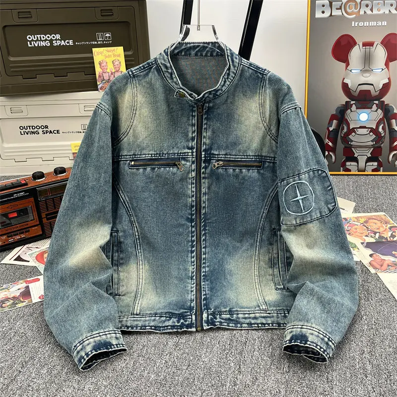 Men Denim Coats Stand Collar Jackets Zipper Full Sleeve Vintage Washed Loose Coat Y2k Streetwear Work Casual Zippers Distressed