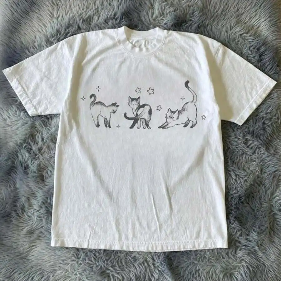 Men's Oversized Crew Neck Short Sleeve Graphic T-Shirt, Minimalist Sketch Cat Star Kitten Illustration Print, White Loose Fit Streetwear Casual Tee For Ladies Daily Wear