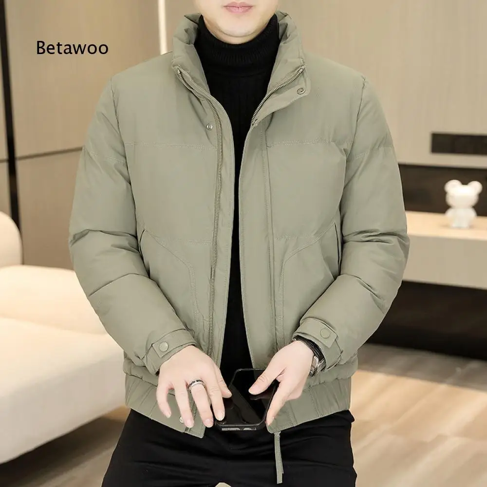 Mens Stand Collar Warm Outerwear Solid Color Cotton Padded Jacket Zip Front Pockets Designed For Autumn And Winter Activities