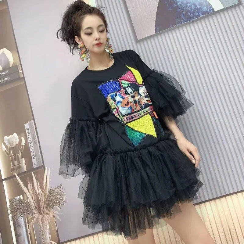  Cartoon Age-Reducing Fashion Loose T-shirt Dress Mesh Bubble Dress Short Summer Mini Dresses Suitable For Party Beach