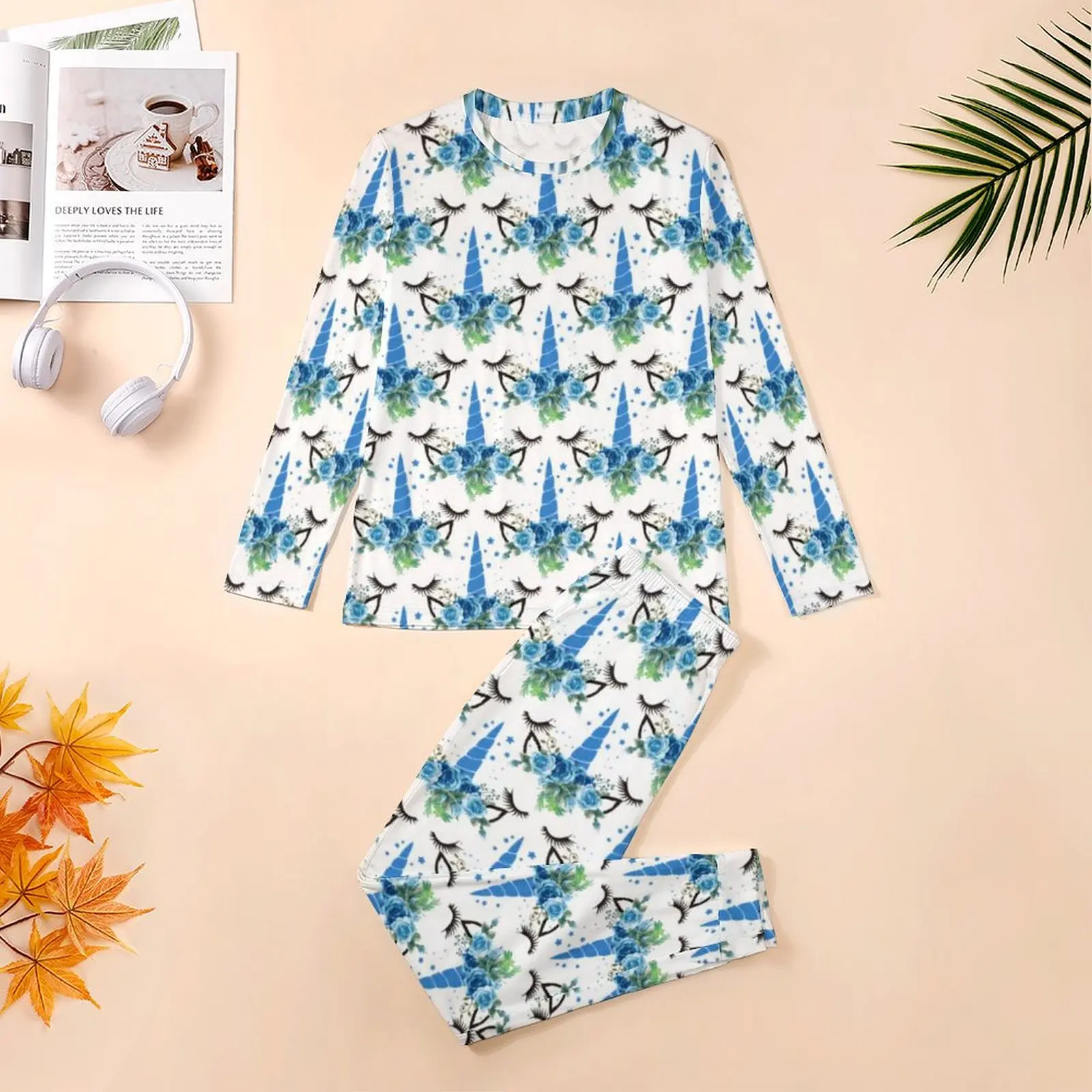 Cute Unicorn Pajamas Spring 2 Pieces Blue Floral Headdress Cool Pajamas Set Male Long Sleeves Bedroom Graphic Sleepwear