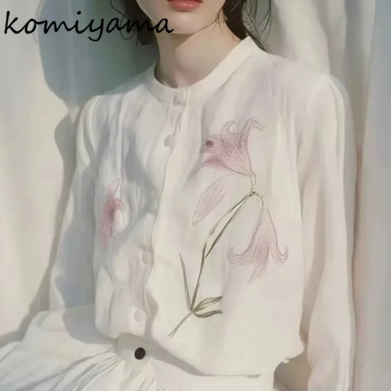 

Blusas Mujer с цветочной вышивкой, рубашки и блузки с цветным принтом, новая однобортная женская одежда с длинными рукавами, Camisas Ropa