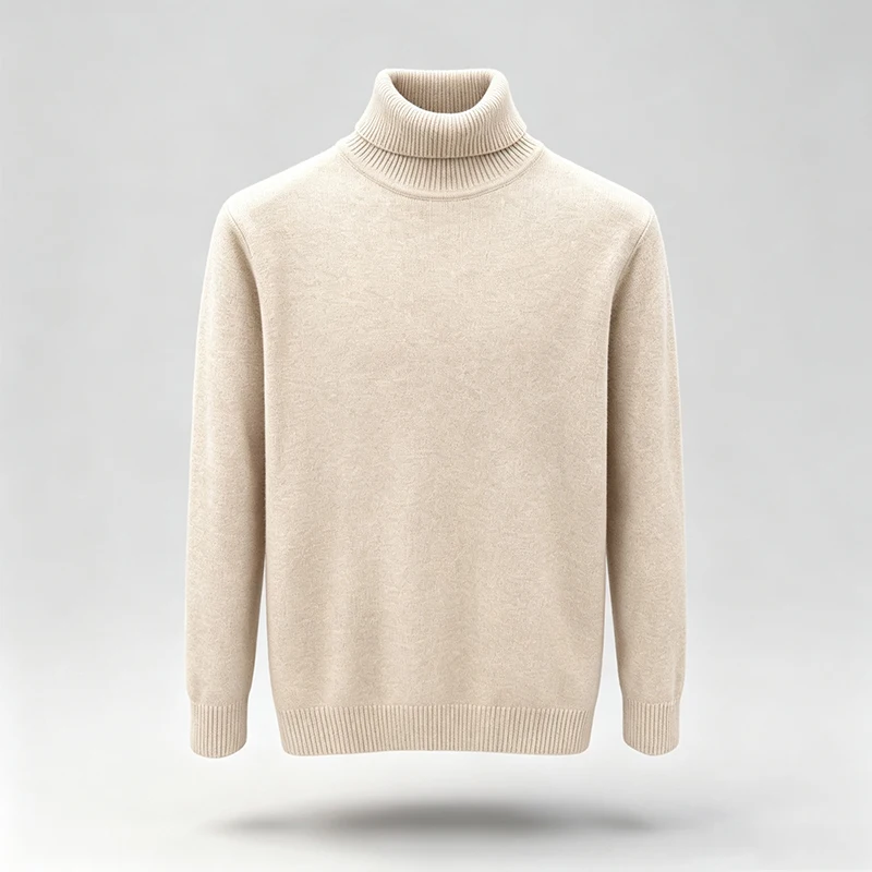 Herren-Strickpullover mit Rollkragen, langen Ärmeln und geripptem Saum und Bündchen, ideal für den urbanen Alltag, den Stadtpendelverkehr, die Freizeit und die kalte Jahreszeit. – Detail 3