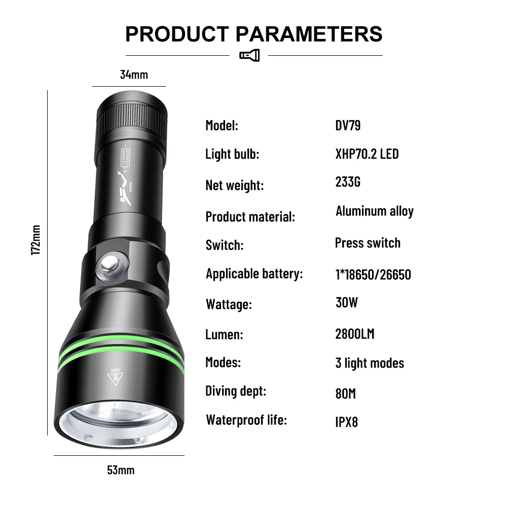 Asafee DV79 Professional Diving Flashlight Powerful Bright 2800LM Torch 200m Range 80m Underwater Waterproof Dive Scuba Lamp