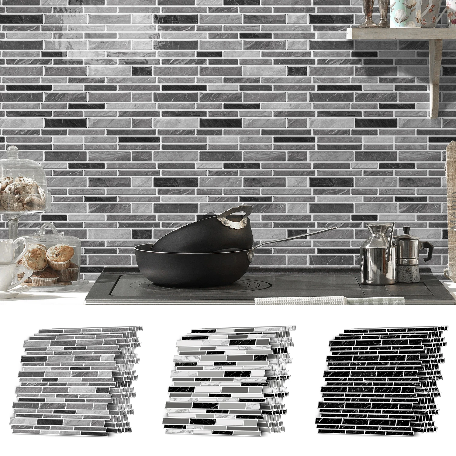 Classic Black And White Tile Marble Room Decoration Kitchen Living Room Waterproof Self-Adhesive Wall Sticker Detachable