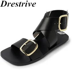 Drestrive 2023 Fashion Beach Casual Shoes Buckle Flat Heel Cow Split Leather Square Toe Summer Women Sandals