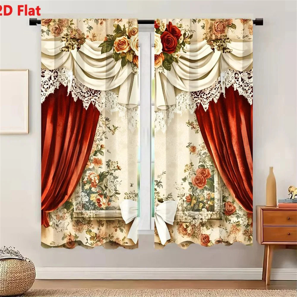 2Pcs Curtains Romantic Vintage Interior With Cream And Red Rose Floral Arrangement On White Lace Swag Crimson Velvet Curtains Pa