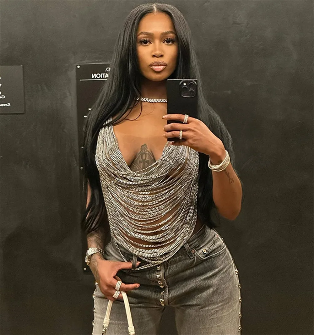 Women Metal Chain Tassel Tank Top Sexy Deep V Neck Backless Hollow Out See Through Crop Top Body Chain Party Club Camisole