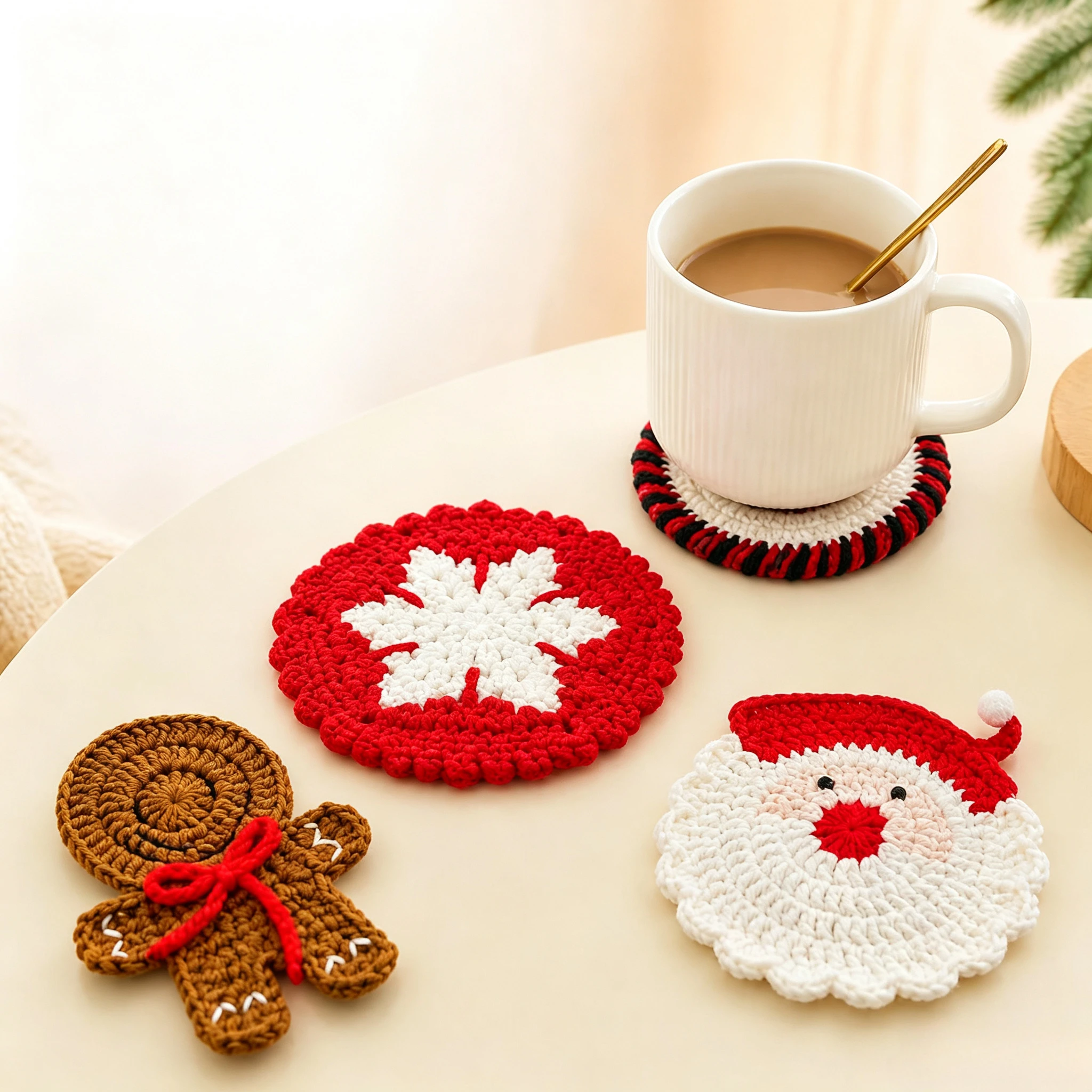 Handmade Crochet Animal & Santa Coasters Heat‑Resistant Drink Mats Festive Red White Xmas Table Decor Christmas Holiday Gifts
