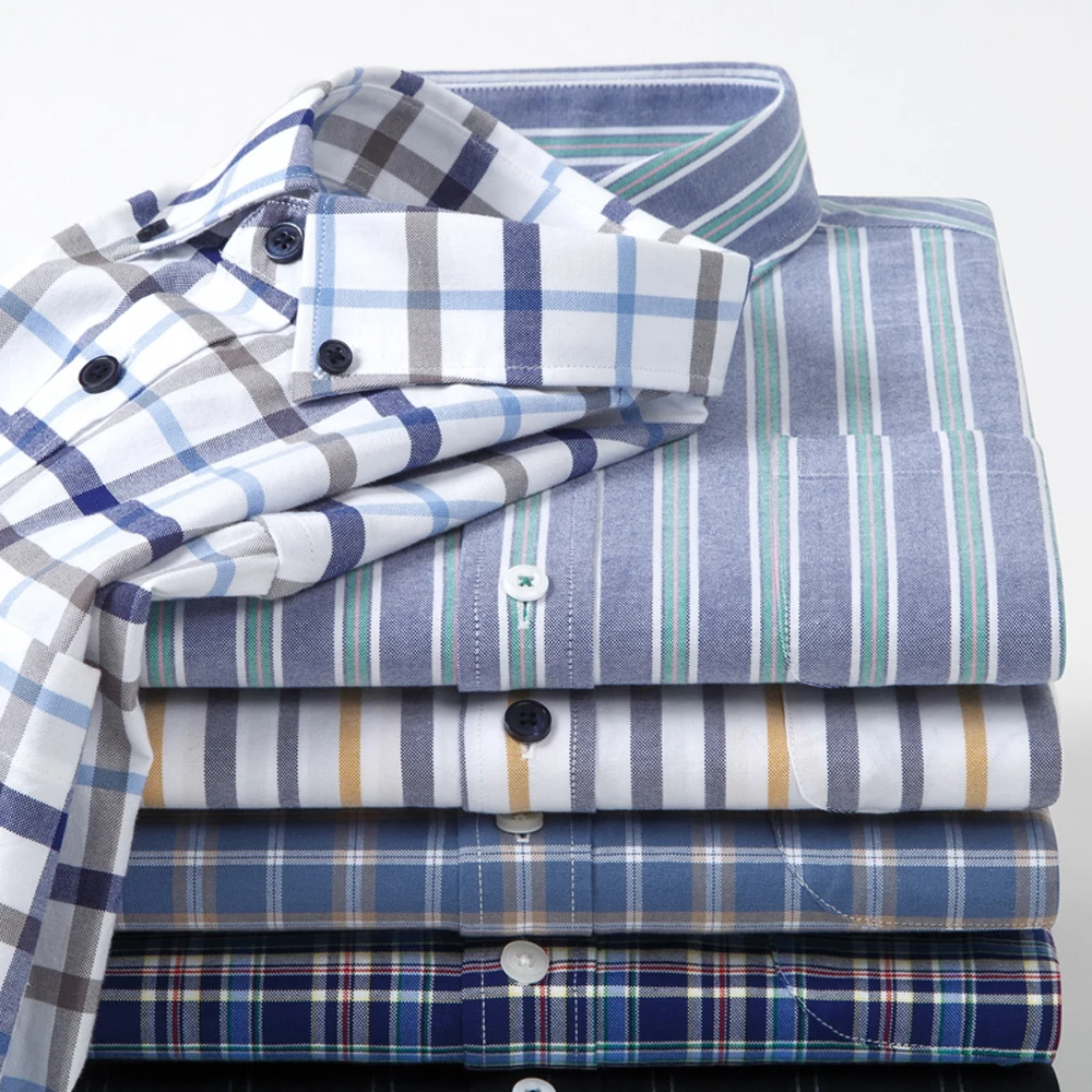 قميص أكسفورد بأكمام طويلة مغسول بأزرار سفلية للرجال مع جيب، 100% قطن ناعم ومريح كاجوال موضة ربيع الخريف ملابس رجالية
