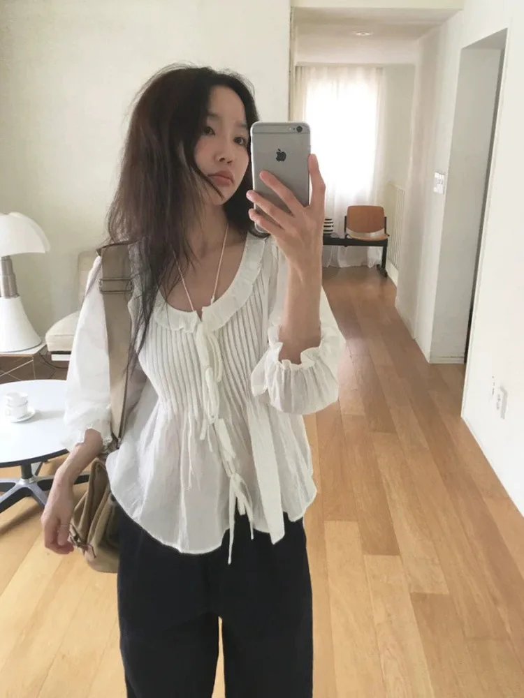 

Slimming Korean Style Shirt with Bow Tie And Lace Trim for Women Summer 2026 Dongdaemun Pure Cotton Bubble Sleeve Long Shirt