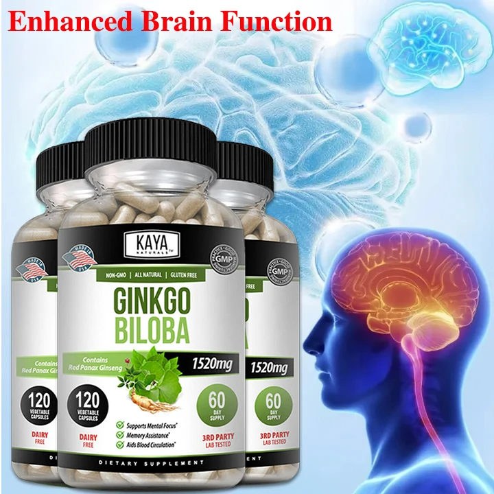 Ginkgo Biloba with Red Ginseng 1520 mg, 120 Capsules - Extra Strength Ginkgo Extract - Gluten Free, Non-GMO, Focus, Circulation