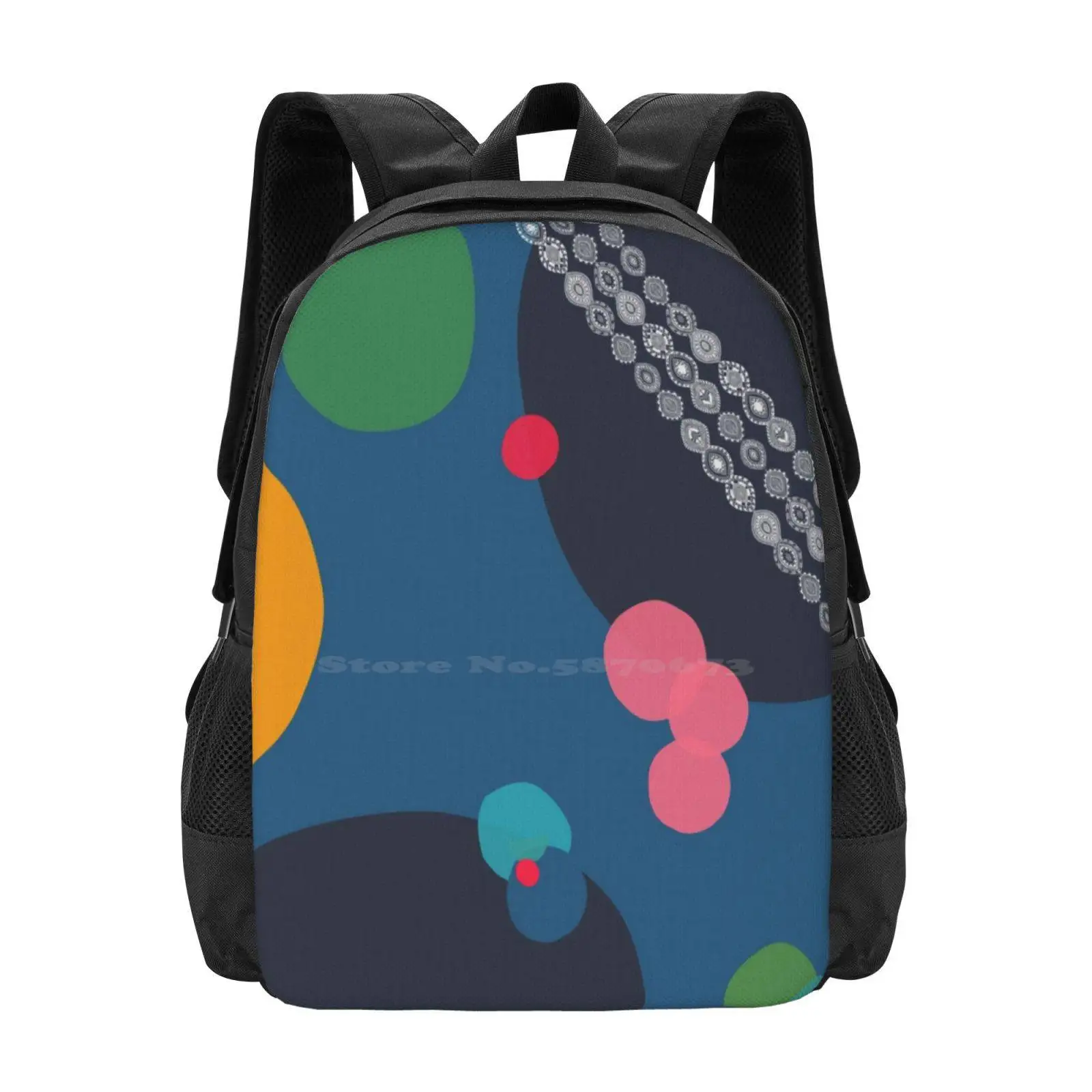 Mochila de viagem com padrão de forma abstrata, mochila escolar com design círculo, azul, verde, laranja, rosa, vermelho, azul marinho, azul marinho