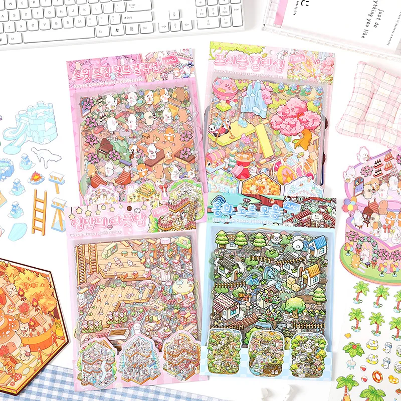 12pcs/pack Plus Size Cartoon Landscape Kawaii Miniature Scene Sticker DIY 3D Pocket Cabin Scene Stickers Gift for Kid Child