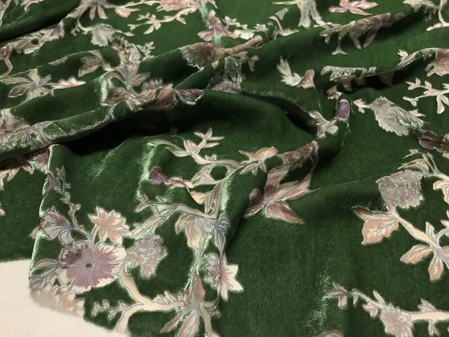 High Quality Real Silk Gold Velvet Fashion Green Bottom with Small Flowers Hollow out Etched-out Fabric Dress Cloth