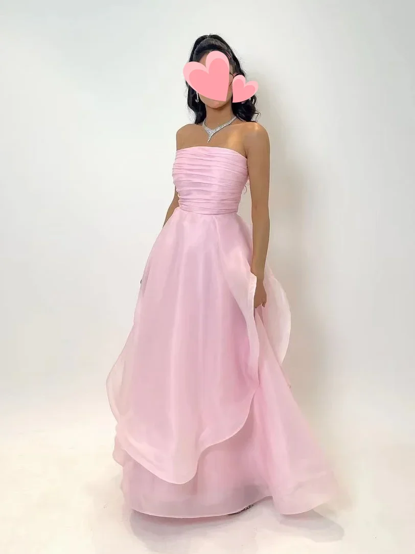 

Scoggins Robes Bal De Promo wedding dress Pink Simple A-Line Ruffle Strapless Formal Occasion Prom Dress Evening Party Gowns