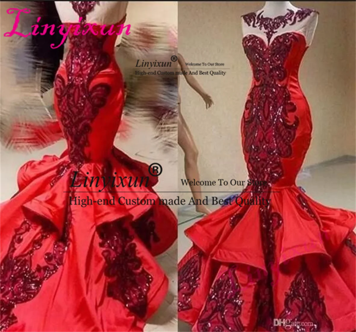 Red Luxury Sequins Applique Mermaid Prom Dresses Shiny Jewel Sheer Neck Ruffles Formal Evening Gowns Court Train Party Dress