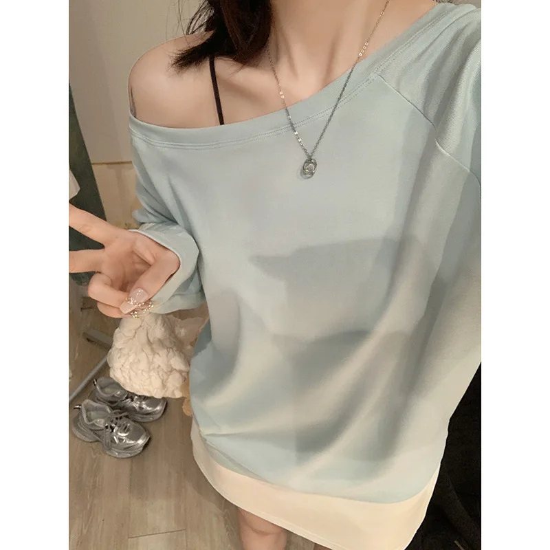 Sexy Off-oulder Crop Top Women's T-irt Casual Loose Fit Hand-Ironed Pleating Blue Color Ladies' Casual Cotton Tee