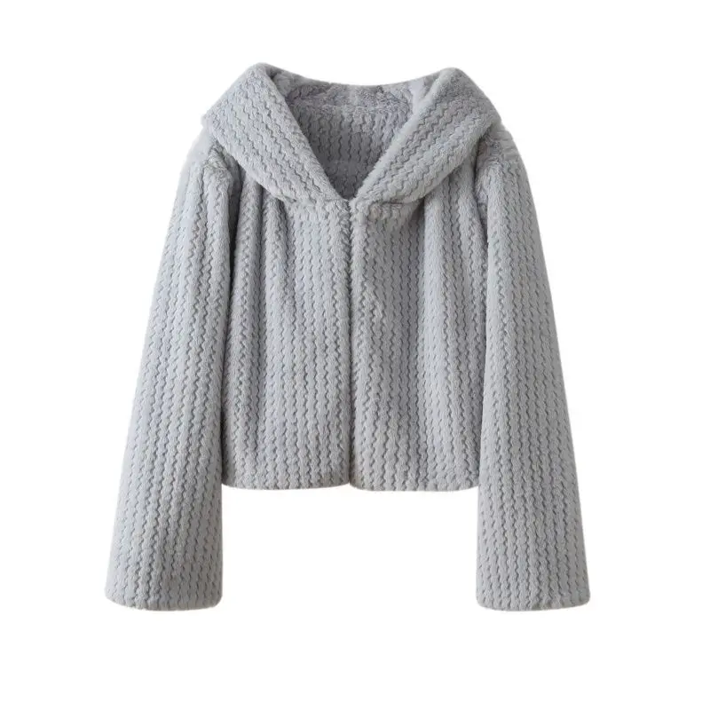 معطف فرو أرنب قصير بقلنسوة منسوج يدويًا جديد لخريف وشتاء 2025 للنساء #5