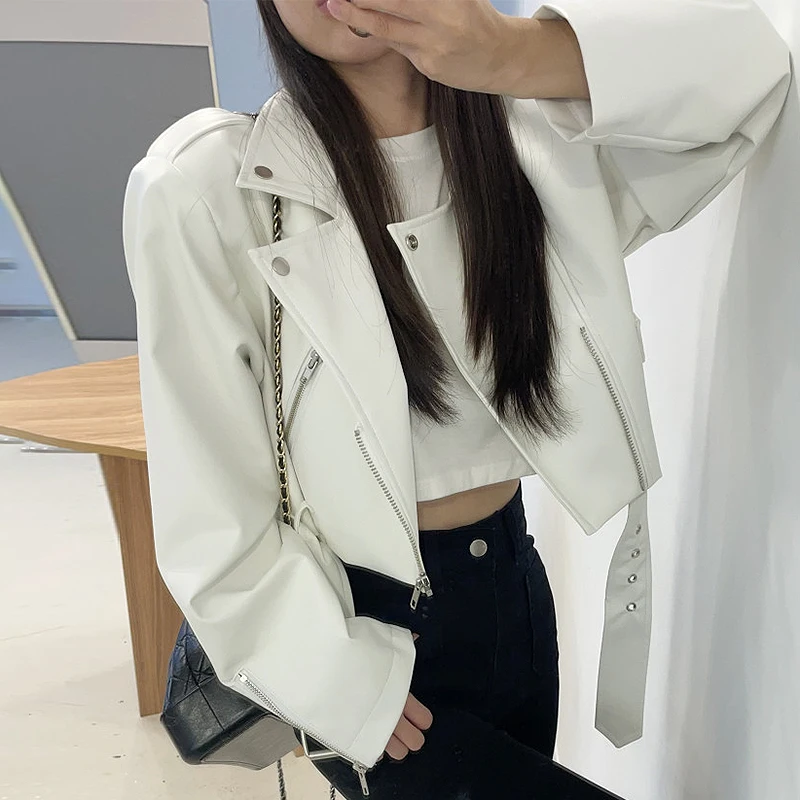 

Chic Early Autumn Hong Kong Sle Retro Suit Collar Jaet with Large kets Waist Cinched ort Motorcycle PU Leather Coat ...