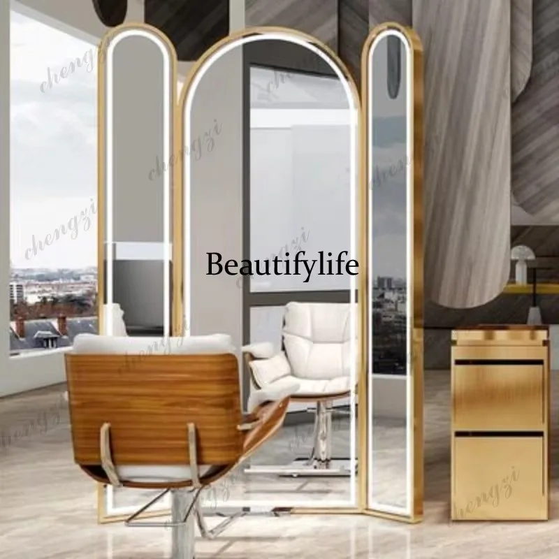 K153 hair salon mirror table, special for hair salon, simple barber shop mirror table, floor-to-ceiling three-sided hair salon