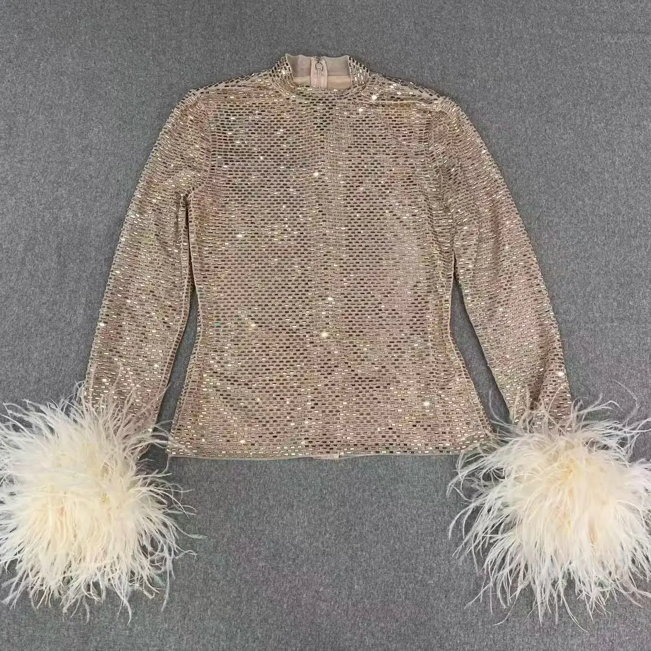 

Women Heavy Industry diamond feather shirt tops fashion luxury party blouse