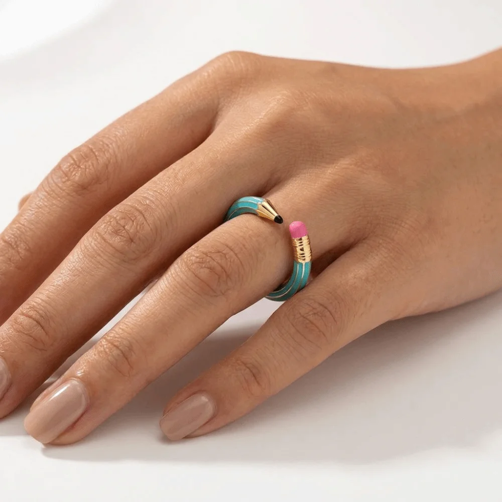 Stylish Funny Pencil Shaped Open Ring Minimalist Style Lightweight Colorful Enamel Ring Creative Small and Chic Finger Ring Gift