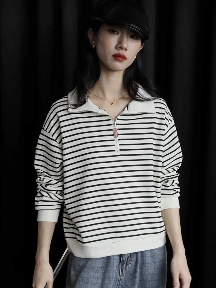 

Spring 2025 Loose Fit Women's Zipper Ne Sweatirt Striped Casual Sle Korean Lazy Faion Retro Top Trendy Clothing
