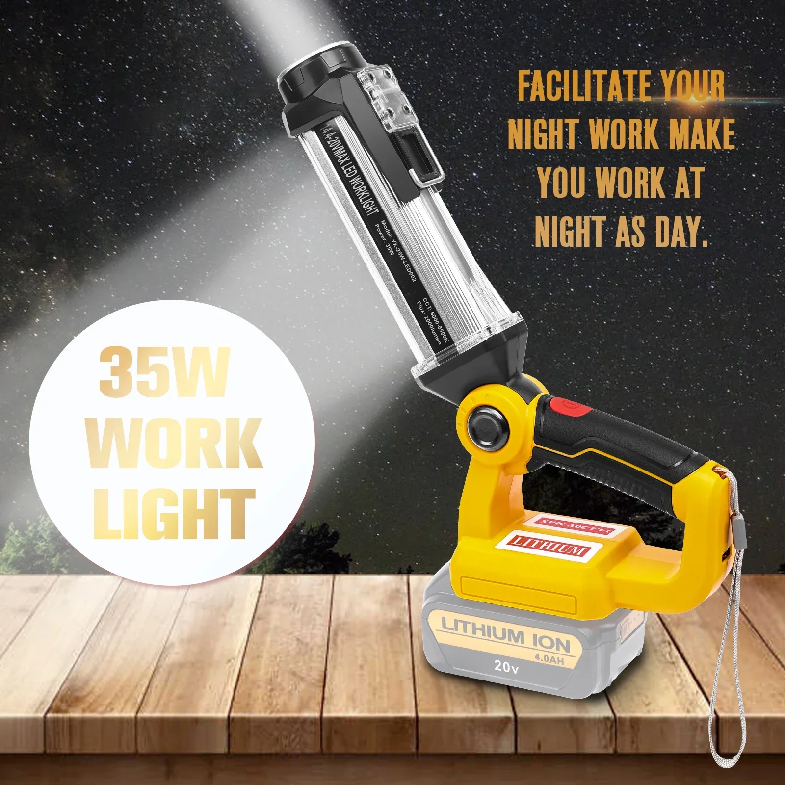 2000LM 35W for Dewalt 18V Li-ion Battery LED Work Light Portable Light Horizontal Down Light Outdoor Handheld Flashlight