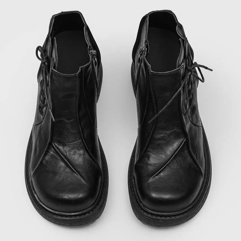 

Light Luxury Men Retro Pleated Design Paired with Side Straps Personalized Height Increase Brand Fashionable Motorcycle Boots