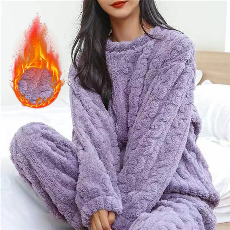 Women\'s pajamas set Winter Coral Velvet Homewear Fluffy O-neck leisure pajamas Velvet thickened two-piece loungewear set