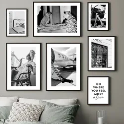 A4 9x13cm 5x7 Photo Frame With Canvas Painting Black White Luxury Fashion Woman Leopard Wine Wall Art Combination Photo Frame