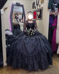 Vintage Black Gothic Prom Dress Elegant Lace Applique Sparkling Beaded Tiered Pleated Ruffle Victorian Special Occasion Evening