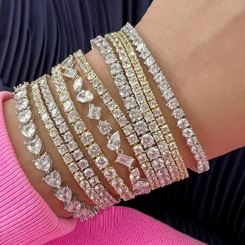 Iced Out Bling White Pink Rainbow CZ Tennis Chain Bracelet For Women High Quality Iced Out Bling Jewelry Collection