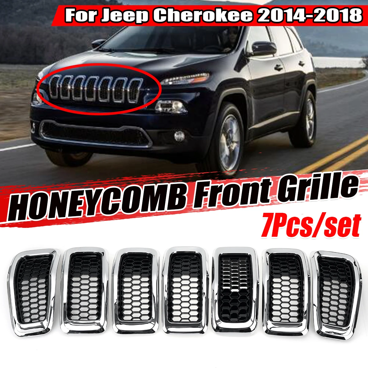 

Chrome/Glossy Black For Jeep Cherokee 2014 2015 2016 2017 2018 Front Bumper Grille Honeycomb Mesh Grill Cover Trim Decor
